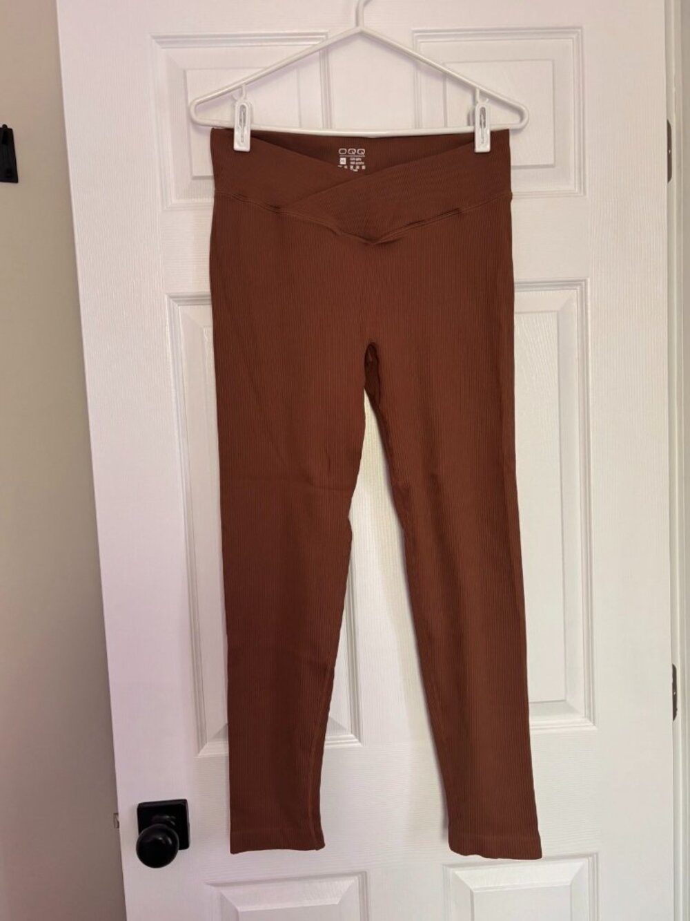 Brown Ribbed High-Waisted Leggings | Crossover Waist | Seamless (XL)